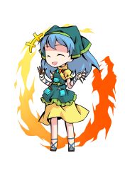  1girl apron aqua_apron arm_ribbon between_fingers blue_hair blue_ribbon chibi chibi_only chisel commentary_request dairi dress fire full_body green_headscarf haniyasushin_keiki headscarf holding jewelry large_variant_set long_hair magatama magatama_necklace necklace puffy_short_sleeves puffy_sleeves ribbon sandals short_sleeves solo tachi-e touhou transparent_background variant_set 