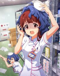  2girls arm_up blue_hair breasts brown_eyes brown_hair commentary_request dress game_cg hat idolmaster idolmaster_million_live! idolmaster_million_live!_theater_days indoors looking_at_viewer lying multiple_girls name_tag nurse nurse_cap official_art on_floor on_side open_mouth panicking partially_shaded_face short_hair short_sleeves standing sweatdrop tanaka_kotoha third-party_source toyokawa_fuka white_dress wig x_x 