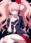  1girl akiyamabc blue_eyes bow bunny_hair_ornament dangan_ronpa enoshima_junko eyelashes fingernails freckles hair_bow hair_ornament long_fingernails long_hair nail_polish necktie parted_lips pink_hair school_uniform sitting skirt sleeves_rolled_up solo twintails yokozuwari 