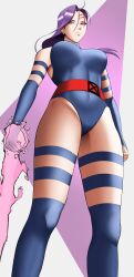  1girl absurdres armband belt breasts elbow_gloves energy_sword from_below gloves hair_between_eyes highleg highleg_leotard highres large_breasts leotard long_hair looking_at_viewer looking_down marvel marvel_vs._capcom ninja pink_eyes poketune psylocke purple_hair solo sword weapon x-men 