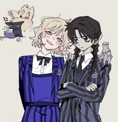  2girls addams_family bags_under_eyes black_bow black_bowtie black_hair black_nails black_necktie blazer blonde_hair bow bowtie braid collared_shirt colored_skin crossed_arms enid_sinclair fingernails grey_skin hand_on_another's_shoulder hashtag-only_commentary highres jacket long_sleeves looking_at_viewer multicolored_nails multiple_girls necktie nevermore_academy_school_uniform school_uniform shirt short_hair smile teeth thing_(addams_family) twin_braids wednesday_(netflix) wednesday_addams white_shirt yang_miemie_benti 