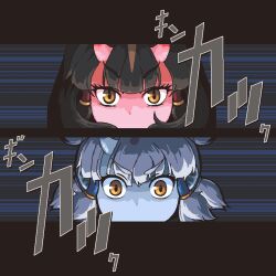  2girls animal_ears black_hair blue_horns blue_oni blue_skin blush colored_skin extra_ears fox_ears fox_girl ginkaku_(kemono_friends) hair_between_horns hair_tubes hex_tails horns kemono_friends kemono_friends_3 kinkaku_(kemono_friends) looking_at_viewer midoribox multicolored_hair multicolored_horns multiple_girls oni open_mouth persona pink_horns quad_tails red_oni red_skin short_hair short_twintails single_horn small_horns twintails two-tone_horns 