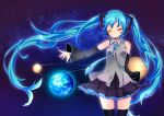 1girl absurdres akabuchi_glasses aqua_hair closed_eyes detached_sleeves earth floating_hair hatsune_miku headset highres long_hair necktie planet skirt solo thighhighs twintails very_long_hair vocaloid 