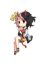  1girl animal_ears animal_print black_hair chibi chibi_only commentary_request cow_ears cow_girl cow_horns cow_print cow_tail dairi frilled_shorts frills full_body haori horns japanese_clothes large_variant_set multicolored_hair red_horns red_sandals red_tail sandals short_hair shorts solo split-color_hair tachi-e tail touhou transparent_background two-tone_hair ushizaki_urumi variant_set yellow_shorts 
