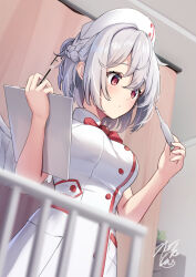  1girl alternate_costume bed bow bowtie braid breasts buttons clipboard closed_mouth commentary_request dress feathered_wings grey_hair hat highres holding holding_clipboard holding_pen holding_thermometer hospital_bed kishin_sagume medium_breasts niko_kusa nurse nurse_cap pen red_bow red_bowtie short_hair signature single_wing solo thermometer touhou white_dress white_hat white_wings wings 