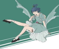  1girl aqua_background aqua_dress bare_arms black_shoes blue_eyes blue_hair bow-shaped_hair collared_vest commentary_request dress eyelashes finger_to_own_chin flat_color floating floating_clothes floating_hair frilled_dress frilled_sleeves frills full_body grey_socks grey_vest hagoromo hair_ornament hair_rings hairpin highres kaku_seiga krmtknkoo1582 looking_at_viewer mary_janes medium_dress nail_polish ofuda open_clothes open_vest parted_lips pointy_nose puffy_short_sleeves puffy_sleeves red_nails shawl shoes short_hair short_sleeves smirk smug socks solo teeth thigh_strap touhou two-tone_background vest wavy_hair white_background 