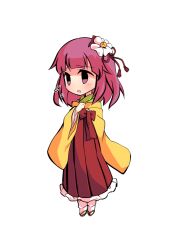  1girl chibi chibi_only commentary_request dairi flower full_body hair_flower hair_ornament hakama hand_up hieda_no_akyuu japanese_clothes kimono large_variant_set medium_hair meiji_schoolgirl_uniform pink_hair red_hakama sandals socks solo tachi-e touhou transparent_background variant_set white_flower white_socks wide_sleeves 