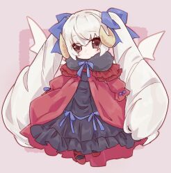  1girl black_dress black_thighhighs blue_bow blue_ribbon bow brown_eyes chibi demon_horns demon_wings dress drill_hair emil_chronicle_online frilled_skirt frills fur_dress hair_bow highres horns jacket long_hair lucifero_lore pink_background red_jacket red_shoes ribbon shoes skirt solo thigh-highs twintails very_long_hair white_hair white_wings wings yusa_yuyu 