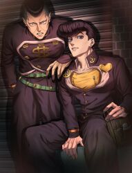  2boys anchor_ornament bag belt black_hair black_jacket black_pants blue_eyes brick_wall briefcase brooch commentary diamond_wa_kudakenai dollar_sign earrings facial_mark gakuran green_belt grey_hair hand_in_pocket heart heart_brooch higashikata_josuke highres jacket jewelry jojo_no_kimyou_na_bouken long_sleeves looking_at_viewer male_focus multicolored_hair multiple_boys nijimura_okuyasu pants parted_lips peace_symbol pompadour pur_ple02imo school_bag school_uniform shirt sitting stud_earrings symbol-only_commentary two-tone_hair yellow_shirt zipper zipper_pull_tab 