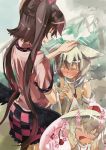  2girls ^_^ animal_ears arms_up bare_shoulders checkered checkered_skirt closed_eyes detached_sleeves drooling hands_clasped hat himekaidou_hatate inubashiri_momiji long_hair multiple_girls no_hat open_mouth petting short_hair skirt smile tokin_hat touhou twintails white_hair wings wolf_ears yohane 