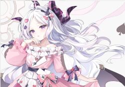  1girl ahoge alternate_costume apron bare_shoulders blue_archive bow clothes_lift collarbone commentary_request demon_girl demon_horns demon_wings dress dress_lift forehead frilled_apron frilled_dress frills gear_background guzangnanfeng hair_bow hair_ornament head_tilt heart heart_hair_ornament hina_(blue_archive) horns long_hair long_sleeves looking_at_viewer parted_bangs parted_lips pink_dress rabbit_hair_ornament sidelocks simple_background solo spade_hair_ornament violet_eyes wavy_hair white_apron white_background white_hair wings 