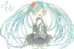  1girl 2013 closed_eyes dated detached_sleeves flower green_hair hair_flower hair_ornament hand_on_own_chest hatsune_miku highres long_hair necktie open_mouth oz_(undoll) skirt solo twintails very_long_hair vocaloid white_background 