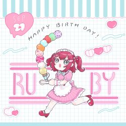  1girl :o ai_scream!_(love_live!) apron aqua_eyes aqua_socks character_name commentary_request cone_holder dated dress food frilled_apron frilled_socks frills grid_background hair_ornament happy_birthday heart heart_hair_ornament highres holding holding_plate ice_cream ice_cream_cone kurosawa_ruby love_live! love_live!_superstar!! mary_janes medium_hair multiple_scoops open_mouth pink_dress pinstripe_dress pinstripe_pattern plate polka_dot polka_dot_socks puffy_short_sleeves puffy_sleeves red_hair red_shoes running shoes short_sleeves sidelocks socks solo team_sankyaku too_many too_many_scoops two_side_up waist_apron white_apron 