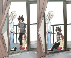  3girls aged_down angry b_lt balcony braid brown_hair clothes_writing english_text gold_ship_(umamusume) grey_hair grey_shirt head_bump highres horse_girl kneeling loafers meme mom_scolding_her_kid_and_husband_(meme) multicolored_hair multiple_girls multiple_head_bumps point_flag_(racehorse) ponytail red_ribbon ribbon shirt shoes stay_gold_(umamusume) stick two-tone_hair umamusume white_hair 