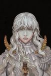  1boy androgynous armor bangs berserk black_background blue_eyes bust fantasy flat_gaze garaktob griffith high_collar lips long_hair looking_at_viewer male plate_armor solo wavy_hair white_hair 