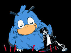  1boy amputee animal bird black_background black_hair black_jacket boxcutter camio_(randal&#039;s_friends) closed_eyes commentary_request cracked_skin gakuran jacket leaning_on_animal male_focus open_clothes open_jacket orochi_moko oversized_animal randal&#039;s_friends school_uniform short_hair simple_background sitting solo tsukada_satoru 
