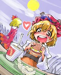  2girls aki_minoriko aki_shizuha blonde_hair drooling eating food fruit grapes hamburger hat heart leaf multiple_girls open_mouth red_eyes shinapuu short_hair siblings sisters soda sun touhou 