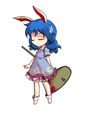  1girl animal_ears bloomers blue_dress blue_hair chibi chibi_only commentary_request dairi dress full_body kine large_variant_set mallet puffy_short_sleeves puffy_sleeves rabbit_ears seiran_(touhou) short_dress short_sleeves socks solo tachi-e touhou transparent_background variant_set white_bloomers white_socks 