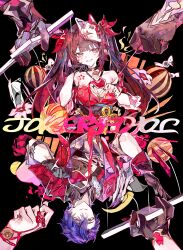  1boy 1girl absurdres alcohol bare_shoulders bell black_background black_choker black_gloves black_sash blue_hair brown_hair butterfly-shaped_pupils choker cocoballking commentary control_bar criss-cross_halter cup dress drinking_glass english_commentary flower_tattoo fox_mask gloves green_eyes grey_tank_top halterneck highres honkai:_star_rail honkai_(series) jacket looking_at_viewer mark_under_both_eyes mask mask_on_head neck_bell parted_lips pink_eyes puppet_strings red_dress red_jacket sampo_koski sash simple_background single_glove smile sparkle_(honkai:_star_rail) symbol-shaped_pupils tank_top tattoo twintails wine wine_glass 