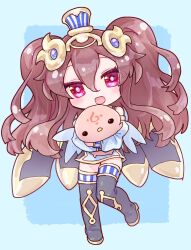  1girl animal baby_animal bird black_boots blonde_hair blue_background blue_dress blue_sleeves boots chibi chick detached_sleeves dress emil_chronicle_online highres holding holding_animal isis_(eco) open_mouth pink_eyes solo standing standing_on_one_leg thigh_boots tiara twintails yusa_yuyu 