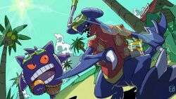  2boys artist_request beach berry_(pokemon) blue_sky clouds garchomp garchomp_(beach) gengar gengar_(beach) goggles highres light_rays looking_at_another male_swimwear multiple_boys no_humans official_alternate_costume palm_tree pokemon pokemon_unite red_eyes red_shirt running sand shack shirt sitrus_berry sky snorkel sun swim_trunks teeth tree yellow_eyes 
