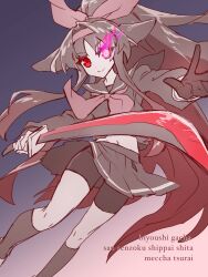  1girl bike_shorts black_gloves black_hair black_skirt black_thighhighs bow emil_chronicle_online gloves glowing glowing_eye gradient_hair hair_bow hairband highres holding holding_sword holding_weapon katana long_hair long_sidelocks multicolored_hair neckerchief pleated_skirt ponytail red_bow red_eyes red_hair red_hairband red_neckerchief school_uniform serafuku shugoma_uzuki sidelocks skirt solo sword thigh-highs weapon yusa_yuyu 