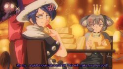  1990s_(style) 3girls anger_vein animal_ears black_capelet blue_hair blush brown_hair cape capelet cheese doremy_sweet dress english_text food fur-tipped_tail glasses grey_hair hat highres holding long_sleeves mouse_ears mouse_tail multiple_girls nazrin nightcap opaque_glasses plaid_clothes pom_pom_(clothes) red-framed_eyewear red_eyes red_hat retro_artstyle shirt short_hair short_sleeves skirt step_arts subtitled tail tapir_tail touhou usami_sumireko vest 