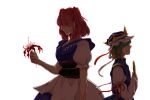  2girls arm_ribbon belt crying dress facing_away flower green_hair hair_bobbles hair_ornament hair_over_eyes hat hat_ribbon juliet_sleeves layered_dress long_sleeves multiple_girls onozuka_komachi parted_lips puffy_short_sleeves puffy_sleeves redhead ribbon rod_of_remorse shiki_eiki short_hair short_sleeves simple_background spider_lily streaming_tears tears touhou twintails white_background ying_xi 