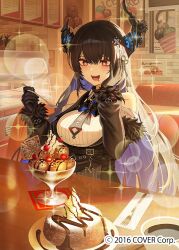  +_+ 1girl asymmetrical_horns black_bow black_bowtie black_gloves black_hair black_vest blue_hair blush bow bowtie breast_strap breasts cafe cake clothing_cutout coffee collared_shirt colored_inner_hair commentary_request company_name copyright_notice cup dessert dress_shirt drooling feather-trimmed_sleeves flower flower_knot food fork framed_breasts gloves hair_ornament hand_on_own_face holding holding_spoon hololive hololive_english horn_flower horns ice_cream indoors jeze large_breasts long_hair long_sleeves mole mole_under_eye mouth_drool multicolored_hair nerissa_ravencroft nerissa_ravencroft_(1st_costume) official_art open_mouth plate poster_(object) red_eyes ribbed_shirt shirt shoulder_cutout sitting smile solo sparkle spoon sundae tassel tassel_hair_ornament uneven_horns vest virtual_youtuber white_shirt 