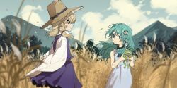  2girls absurdres animal arms_behind_back ascot black_ribbon blonde_hair blue_ascot blue_sky blurry blurry_foreground brown_hat closed_mouth clouds commentary_request day frog frog_hair_ornament green_eyes green_hair hair_ornament hair_ribbon hair_tubes hat hat_ribbon highres holding holding_animal holding_frog kochiya_sanae long_hair long_sleeves moriya_suwako mountain multiple_girls outdoors purple_skirt purple_vest red_ribbon ribbon shimiya_jin shirt single_hair_tube skirt sky sleeveless sleeveless_shirt smile touhou tress_ribbon vest wheat_field white_shirt white_skirt wide_sleeves yellow_eyes 