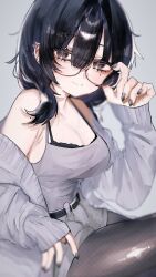  1girl adjusting_eyewear barbell_piercing bare_shoulders belt black_bra black_eyes black_hair black_nails black_pantyhose blurry bra bra_peek breasts camisole commentary_request ear_piercing fingernails glasses grey_background grey_camisole grey_jacket grey_shorts highres industrial_piercing jacket jacket_partially_removed medium_hair mole mole_on_arm mole_under_eye nail_polish original oubaisameko_181 pantyhose piercing red-framed_eyewear shorts simple_background solo spiked_ear_piercing underwear 