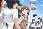  1boy 4girls bag black_hair brown_eyes brown_hair hair_ornament hairclip highres jumping kamijou_touma misaka_mikoto mmrailgun multiple_girls saten_ruiko school_uniform serafuku shirai_kuroko short_hair to_aru_kagaku_no_railgun to_aru_majutsu_no_index uiharu_kazari vending_machine 