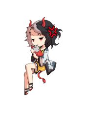  1girl animal_ears animal_print black_hair chibi chibi_only commentary_request cow_ears cow_girl cow_horns cow_print cow_tail dairi frilled_shorts frills full_body haori horns japanese_clothes large_variant_set multicolored_hair red_horns red_sandals red_tail sandals short_hair shorts solo split-color_hair tachi-e tail touhou transparent_background two-tone_hair ushizaki_urumi variant_set yellow_shorts 