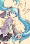  1girl aqua_eyes aqua_hair detached_sleeves happy_birthday hatsune_miku headset long_hair necktie open_mouth solo thighhighs twintails vocaloid yamo 