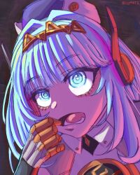 1girl absurdres artist_name blue_eyes blue_hair commentary genshin_impact hat highres ineffa_(genshin_impact) irizzarts medium_hair mouth_pull open_mouth portrait solo 