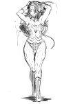  1girl armpits arms_up bare_shoulders boots bracer breastplate breasts dc_comics eroquis forehead_protector knee_boots monochrome muscle sketch solo star thigh_gap toned walking white_background wonder_woman wonder_woman_(series) 
