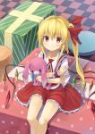  1girl blonde_hair blush bow checkered checkered_floor fang flandre_scarlet gurasion_(gurasion) hair_bow looking_at_viewer no_hat red_eyes side_ponytail sitting skirt skirt_set smile solo stuffed_animal stuffed_bunny stuffed_toy touhou wings wrist_cuffs 
