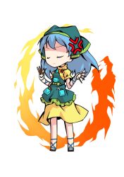  1girl apron aqua_apron arm_ribbon between_fingers blue_hair blue_ribbon chibi chibi_only chisel commentary_request dairi dress fire full_body green_headscarf haniyasushin_keiki headscarf holding jewelry large_variant_set long_hair magatama magatama_necklace necklace puffy_short_sleeves puffy_sleeves ribbon sandals short_sleeves solo tachi-e touhou transparent_background variant_set 