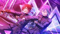  2boys :d belt black_belt black_gloves black_pants black_shirt blue_hair collared_shirt colorful_palette ensemble_stars! game_cg gloves hair_between_eyes headset highres kamishiro_rui laser lower_teeth_only male_focus multicolored_hair multiple_boys official_art open_mouth orange_eyes pants project_sekai purple_hair red_hair sakasaki_natsume shirt smile streaked_hair teeth third-party_source tongue triangle two-tone_hair white_hair yellow_eyes 