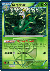  1other animal_focus blue_border border commentary day english_text facing_to_the_side fake_trading_card falling_leaves grass green_background leaf official_style on_grass outdoors pokemon pokemon_ability pokemon_move pokemon_tcg red_eyes serperior shiningbill snake tall_grass team_plasma trading_card wind yellow_trim 