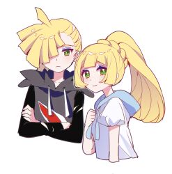  1boy 1girl blonde_hair brother_and_sister closed_mouth cropped_torso crossed_arms frown gladion_(pokemon) green_eyes hair_over_one_eye highres lillie_(pokemon) long_hair long_sleeves looking_at_viewer pkm_lemon pokemon pokemon_sm ponytail shirt short_hair short_sleeves siblings smile white_background white_shirt 