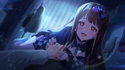  1boy 1girl black_cardigan black_nails blush brown_hair cardigan checkered_sleeves commentary_request curtains fingernails fish_skeleton_hair_ornament game_cg glint hairband heart heart-shaped_pupils hetero idolmaster idolmaster_million_live! idolmaster_million_live!_theater_days indoors jewelry lens_flare light_particles long_hair looking_at_viewer lying nail_polish night official_alternate_costume official_art on_stomach open_cardigan open_clothes open_mouth pov pov_hands red_eyes ring symbol-shaped_pupils tanaka_kotoha tanaka_kotoha_(only_see_you) third-party_source yandere 