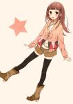  1girl bangs black_legwear blunt_bangs blush boots brown_eyes brown_hair ebisugawa_kaisei jewelry long_hair mizutamako parted_lips pendant shorts solo standing_on_one_leg star sweater thigh-highs uchouten_kazoku 