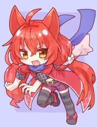  1girl ahoge animal_ears belt black_boots black_shirt black_thighhighs blue_background blue_scarf boots bow crimsonbow_alma dog_ears dog_girl dog_tail emil_chronicle_online fang hair_bow highres jacket long_hair low_twintails midriff navel open_mouth purple_shorts red_hair red_jacket running scarf shirt shorts solo striped_clothes striped_thighhighs tail thigh-highs twintails white_bow yellow_eyes yusa_yuyu 