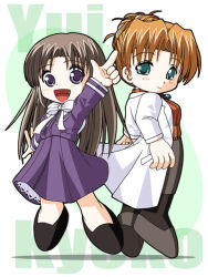  2girls anime_coloring archived_source back-to-back bad_link black_pantyhose black_shoes blue_gemstone blush brown_hair character_name coat collared_shirt collared_sweater commentary_request dated_commentary deformed dot_nose full_body gem green_eyes grey_shoes grey_skirt hair_bun hair_intakes half_updo jewelry keito_(keito-ya) lab_coat legs_apart long_hair long_skirt long_sleeves medium_skirt midriff multiple_girls necklace nishina_kyouko nonohara_yui open_hand open_mouth orange_hair orange_sweater pantyhose pendant petticoat pleated_skirt pocket pointing pointing_up purple_shirt purple_skirt purple_sleeve_cuffs purple_sleeves ribbed_sweater ribbon shadow shirt shoes short_hair simple_background skirt smile sweater tongue tsuki_wa_higashi_ni_hi_wa_nishi_ni very_long_hair violet_eyes white_background white_coat white_ribbon white_sleeve_cuffs white_sleeves 