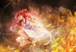  1girl anklet barefoot chain dress fire highres huazha01 jewelry long_hair magi_the_labyrinth_of_magic morgiana red_eyes redhead side_ponytail solo 