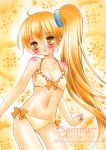  1girl akita_neru bikini blonde_hair blush caramelbox long_hair sample side_ponytail solo swimsuit traditional_media vocaloid yellow_eyes 