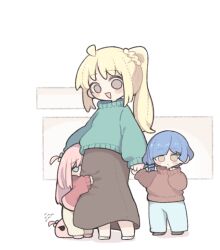  3girls aged_down asymmetrical_hair blonde_hair blue_hair blush bocchi_the_rock! braid braided_ponytail brown_eyes child cube_hair_ornament flying_sweatdrops gotoh_hitori gotoh_hitori_(tsuchinoko) hair_ornament hairclip hiding hiding_behind_another holding_hands ijichi_nijika long_hair long_skirt long_sleeves multiple_girls one_side_up open_mouth pants ry_(pitamin5) short_hair side_ponytail skirt smile sweater time_paradox yamada_ryo yellow_eyes 