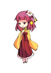  1girl chibi chibi_only commentary_request dairi flower full_body hair_flower hair_ornament hakama hand_up hieda_no_akyuu japanese_clothes kimono large_variant_set medium_hair meiji_schoolgirl_uniform pink_hair red_hakama sandals socks solo tachi-e touhou transparent_background variant_set white_flower white_socks wide_sleeves 