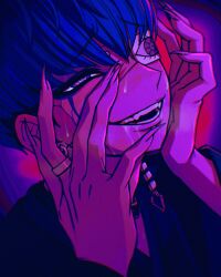  1boy absurdres black_hair blue_hair chamuchai commentary drooling earrings eye_print eyepatch face_piercing facial_mark fingernails grin hands_up haori highres japanese_clothes jewelry kimono labret_piercing limited_palette looking_at_viewer male_focus multicolored_hair omokage_yugamu piercing portrait print_eyepatch ring sharp_fingernails short_hair smile solo squinting sweat the_hundred_line_-last_defense_academy- 